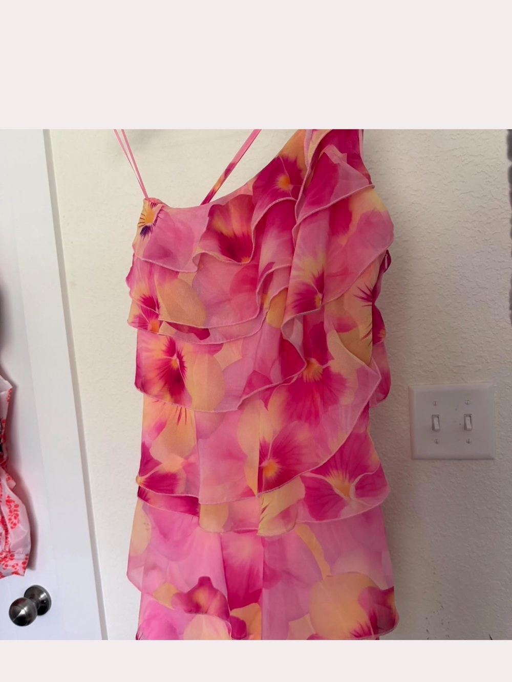 Selfie leslie Arrabel Ruffle Trim One-Shoulder Mini Dress Floral Pink - Picture 2 of 5
